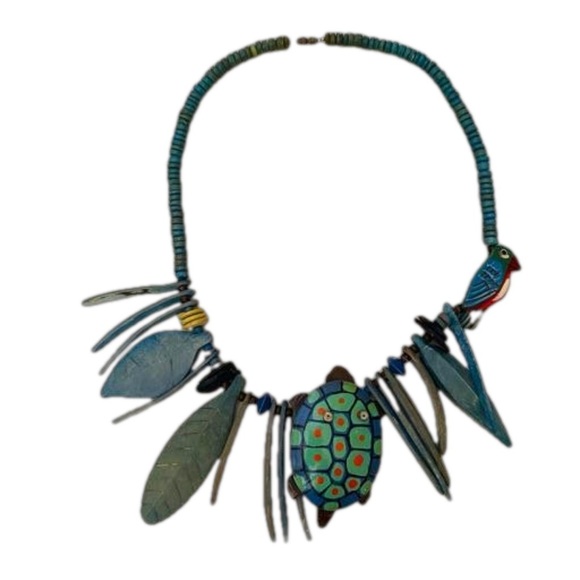Unbranded Jewelry - Vintage Wooden Turtle Parrot Necklace Blue Green 14"